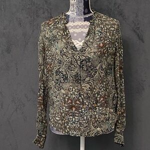 IKKS Women Sheer Blouse Sz Small Green Floral V-neck Long Sleeve Top Business